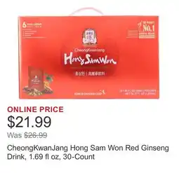 Costco CheongKwanJang Hong Sam Won Red Ginseng Drink, 1.69 fl oz, 30-Count offer