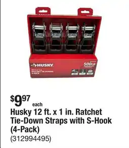 The Home Depot Husky 12 ft. x 1 in. Ratchet Tie-Down Straps with S-Hook (4-Pack) offer