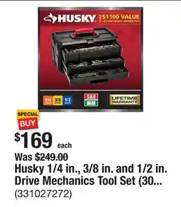 The Home Depot Husky 1/4 in., 3/8 in. and 1/2 in. Drive Mechanics Tool Set (300-Piece) offer