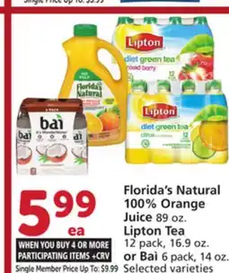 Albertsons Florida's Natural 100% Orange Juice 89 oz. Lipton Tea 12 pack, 16.9 oz. or Baì 6 pack, 14 oz offer