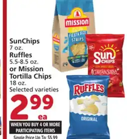 Vons SunChips 7 oz. Ruffles 5.5-8.5 oz. or Mission Tortilla Chips 18 oz offer