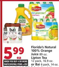 Vons Florida's Natural 100% Orange Juice 89 oz. Lipton Tea 12 pack, 16.9 oz. or Baì 6 pack, 14 oz offer