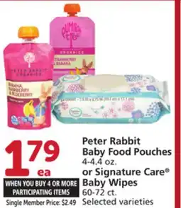 Vons Peter Rabbit Baby Food Pouches 4-4.4 oz. or Signature Care Baby Wipes 60-72 ct offer