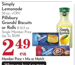 Pavilions Simply Lemonade 52 oz., + CRV Pillsbury Grands! Biscuits or Rolls 8-16.3 oz offer