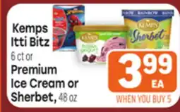 Tony’s Fresh Market Kemps Itti Bitz 6 ct or Premium Ice Cream or Sherbet, 48oz offer