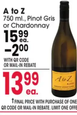 Jewel-Osco A to Z 750, Pinot Gris or Chardonnay offer
