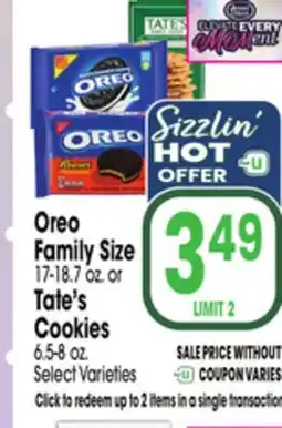 Jewel-Osco Oreo Family Size 17-18.7 oz. or Tate's Cookies 6.5-8 oz offer