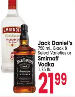 Jewel-Osco Jack Daniel's 750 ml., Black & Select Varieties or Smirnoff Vodka 1.75 ltr offer