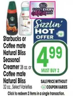 Jewel-Osco Starbucks or Coffee mate Natural Bliss Seasonal Creamer 28 oz. or Coffee mate Natural Bliss 32 oz offer
