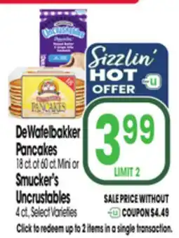 Jewel-Osco DeWafelbakker Pancakes 18 ct. ot 60 ct. Mini or Smucker's Uncrustables 4 ct offer