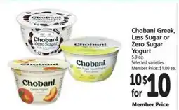 Safeway Chobani Greek, Less Sugar or Zero Sugar Yogurt offer