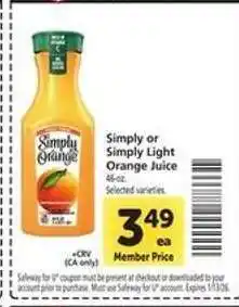 Safeway Simply or Simply Light Orange Juice offer