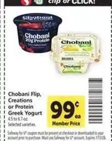 Safeway Chobani Flip, Creations or Protein Greek Yogurt offer