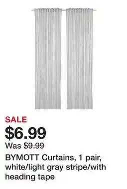 Ikea BYMOTT Curtains, 1 pair, white/light gray stripe/with heading tape offer