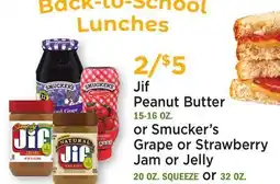 Heinen's Jif Peanut Butter 15-16 OZ. or Smucker's Grape or Strawberry Jam or Jelly 20 OZ offer