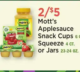 Heinen's Mott's Applesauce Snack Cups 6 CT., Squeeze 4 CT. or Jars 23-24 OZ offer