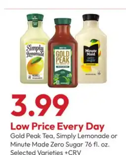 Stater Bros Gold Peak Tea, Simply Lemonade or Minute Made Zero Sugar offer