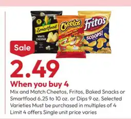 Stater Bros Cheetos, Fritos, Baked Snacks or Smartfood 6.25 to 10 oz. or Dips 9 oz offer