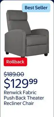 Walmart Renwick Fabric Push Back Theater Recliner Chair with Footrest, Gray offer