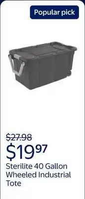 Walmart Sterilite 40 Gallon Wheeled Industrial Tote, Rugged Plastic Storage Bin, Latch Lid, Dark Gray offer