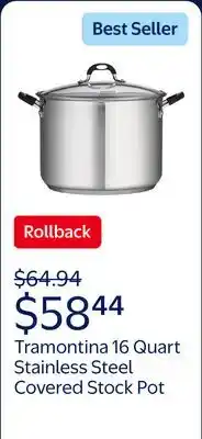Walmart Tramontina 16 Quart Stainless Steel Covered Stock Pot offer
