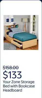 Walmart Your Zone Easy to Assemble Storage Bed with Bookcase Headboard, Twin, Natural Teak Finish offer