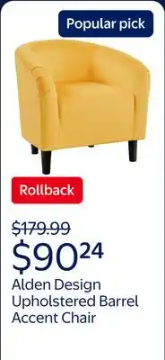 Walmart Alden Design Upholstered Barrel Accent Chair for Livingroom, Yellow Velvet offer