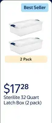 Walmart (2 pack) Sterilite 32 Quart Latch Box, Clear Plastic Storage Bin with Lid, Blue Latch offer