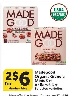 Vons MadeGood Organic Granola Minis 5 ct. or Bars 5-6 ct offer