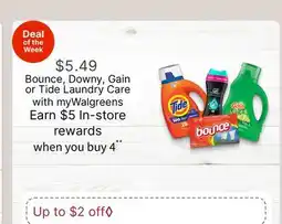 Walgreens Bounce, Downy, Gain or Tide Laundry Care offer