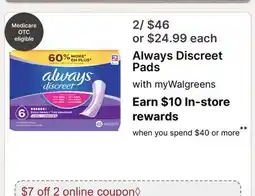 Walgreens Always Discreet Pads offer