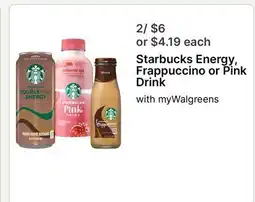 Walgreens Starbucks Energy, Frappuccino or Pink Drink offer