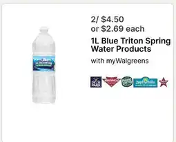 Walgreens 1L Blue Triton Spring Water Products offer