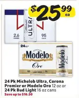 Winn Dixie 24 Pk Michelob Ultra, Corona Premier or Modelo Oro 12 oz or 24 Pk Bud Light 16 oz cans offer
