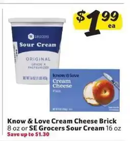 Winn Dixie Know & Love Cream Cheese Brick or SE Grocers Sour Cream offer