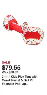 Kohl's 3-in-1 Kids Play Tent with Crawl Tunnel & Ball Pit Foldable Pop-Up Tent Set with Storage Bag offer