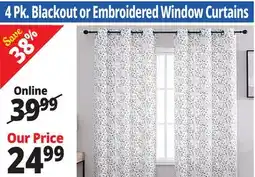 Ocean State Job Lot 4 Pk. Blackout or Embroidered Window Curtains offer