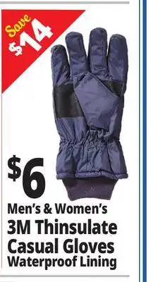 Ocean State Job Lot Men's & Women's 3M Thinsulate Casual Gloves Waterproof Lining offer