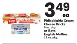 ACME Philadelphia Cream Cheese Bricks 8 oz. pkg. or Bays English Muffins 12 oz. pkg offer