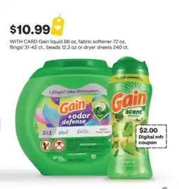 CVS Gain liquid 88 oz, fabric softener 72 oz, flings! 31-42 ct., beads 12.2 oz or dryer sheets 240 ct offer