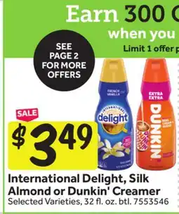 Stop&Shop International Delight, Silk Almond or Dunkin' Creamer offer
