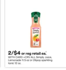 CVS ALL Simply Juice, Lemonade 11.5 oz or Olipop sparkling tonic 12 oz offer