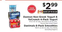 ShopRite Dannon Non-Greek Yogurt & YoCrunch 4-Pack Yogurt, Danimals 6-Pack Smoothies offer
