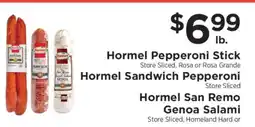 ShopRite Hormel Pepperoni Stick, Hormel Sandwich Pepperoni, Hormel San Remo Genoa Salami offer