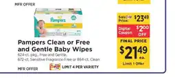 ShopRite Pampers Clean or Free and Gentle Baby Wipes offer