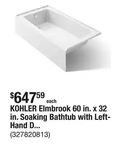 The Home Depot KOHLER Elmbrook 60 in. x 32 in. Soaking Bathtub with Left-Hand Drain in White offer