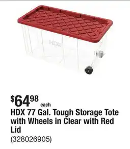 The Home Depot HDX 77 Gal. Tough Storage Tote with Wheels in Clear with Red Lid offer