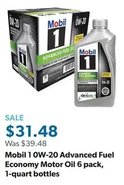 Sam's Club Mobil 1 0W-20 Advanced Fuel Economy Motor Oil 6 pack, 1-quart bottles offer