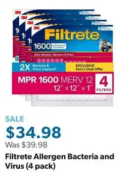 Sam's Club Filtrete Allergen Bacteria and Virus (4 pack) offer