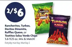 Family Dollar Rancheritos, Turbos, Doritos Dinamita, Ruffles Queso, or Tostitos Salsa Verde Chips offer